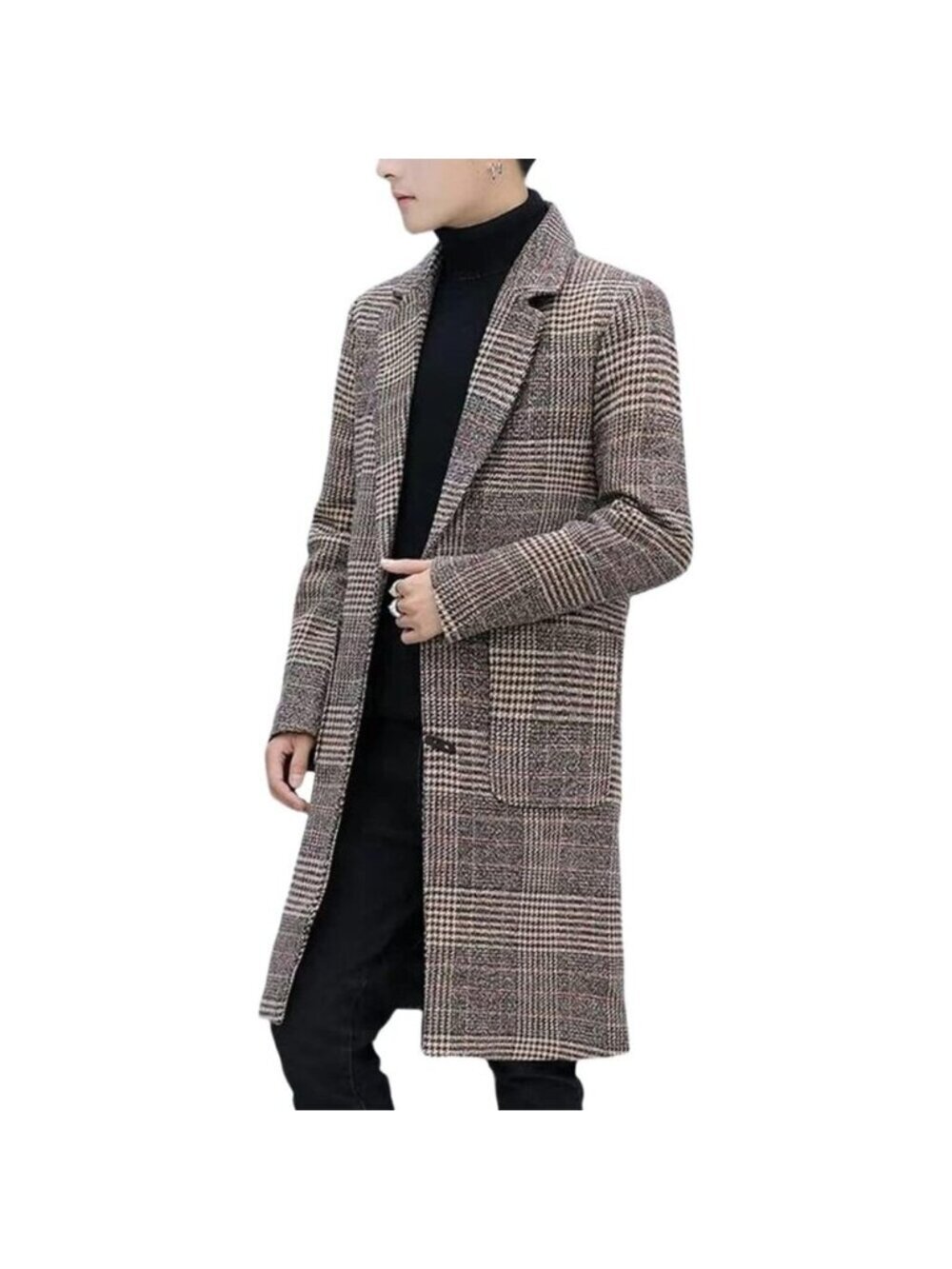 Men's Khaki Wool Blend Pea Coat Collar Single Breasted Overcoat Trench Coat